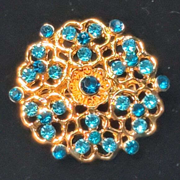 Blue Rhinestone Round Gold Tone 1.5" Brooch Pin Unsigned Vtg - Picture 1 of 6